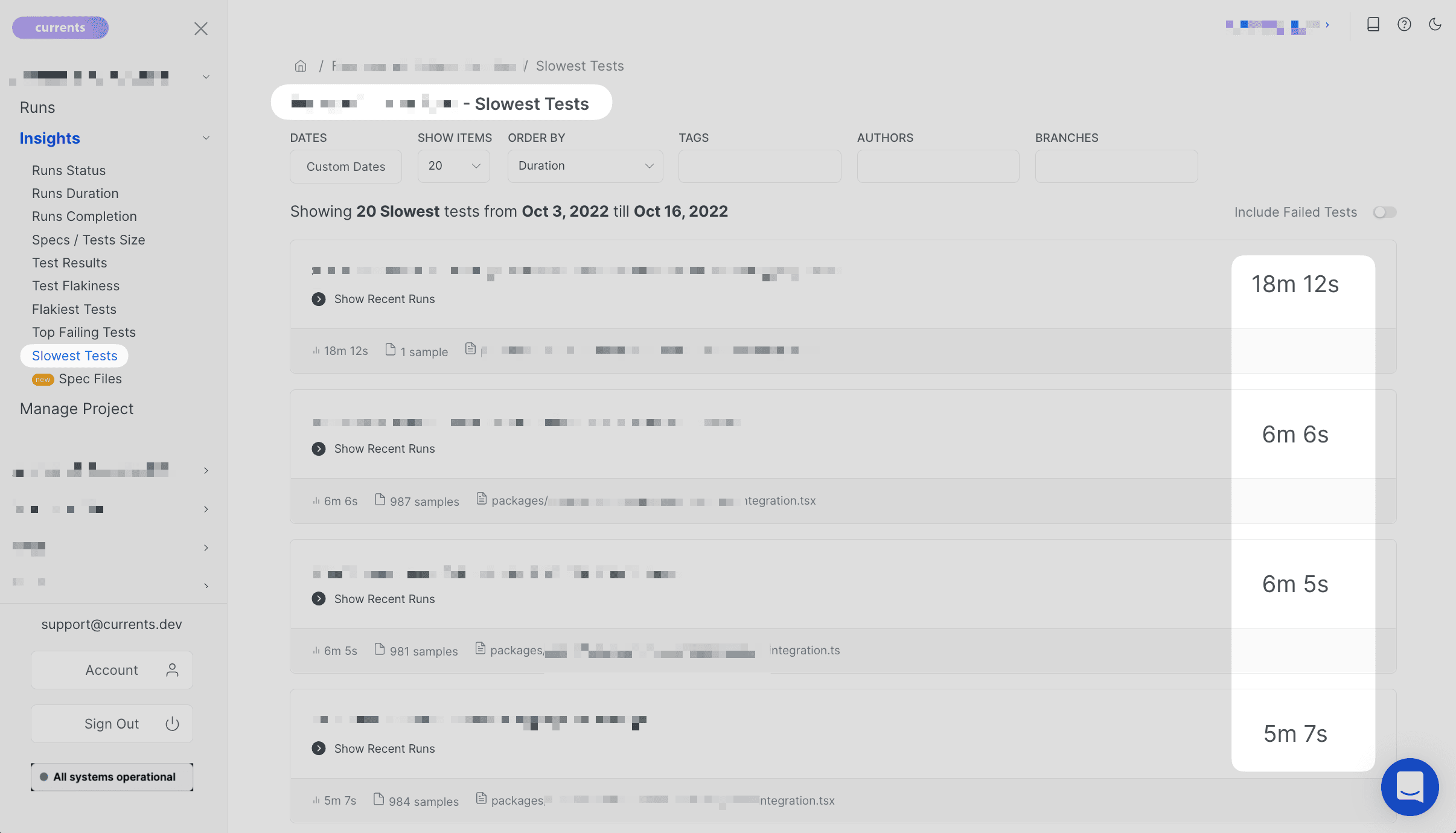Currents - Insights: slowest tests