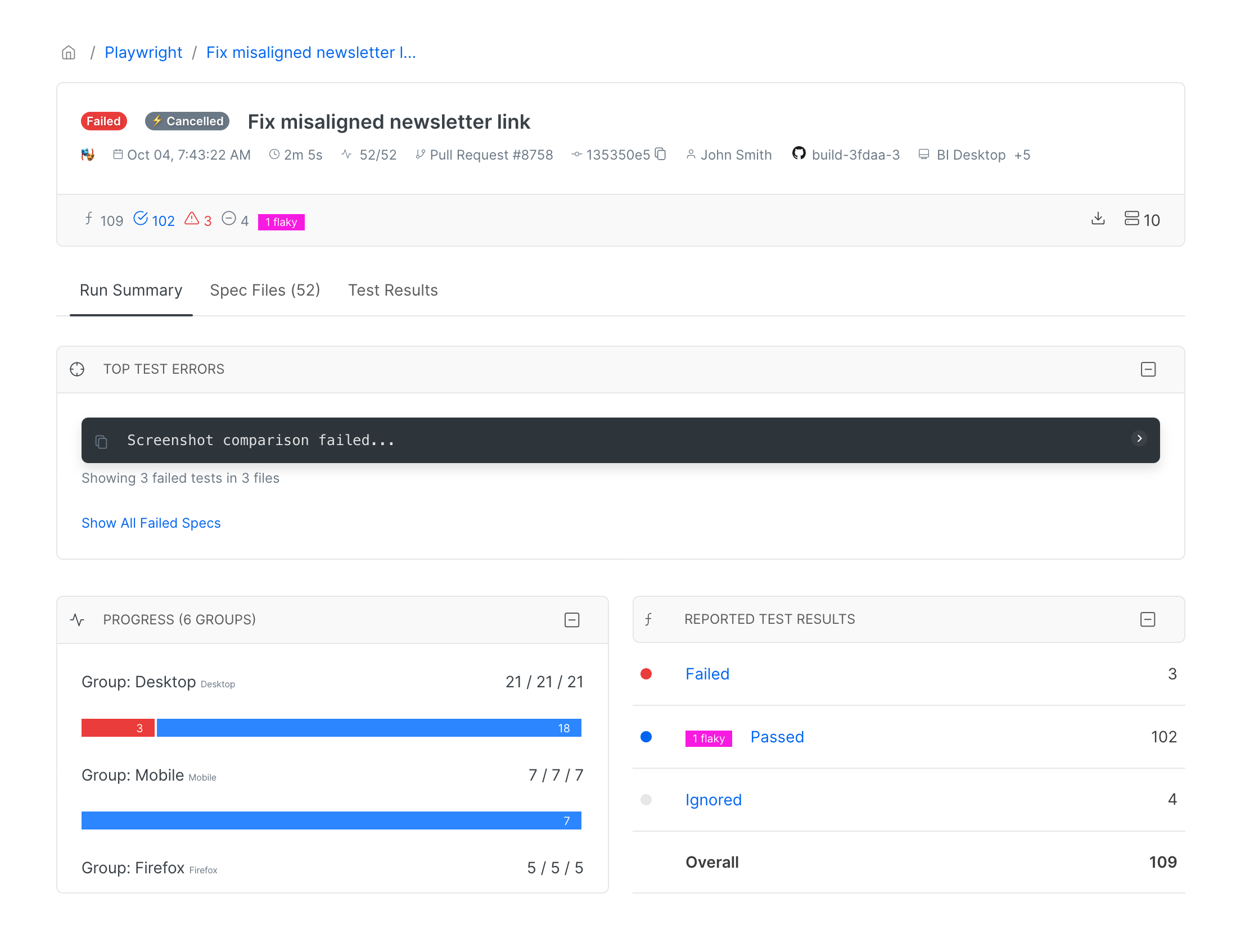 Each run contains details about execution environment, progress and results for more effecient troubleshooting and debugging of failed tests