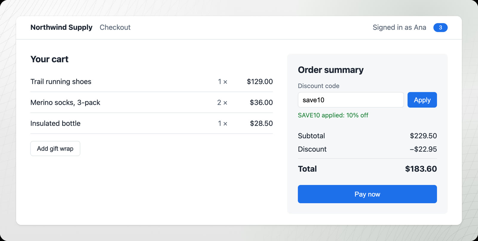 The checkout page rebuilt from the DOM snapshot at the failure: save10 in the discount field, SAVE10 applied: 10% off, a discount of −$22.95 and a total of $183.60