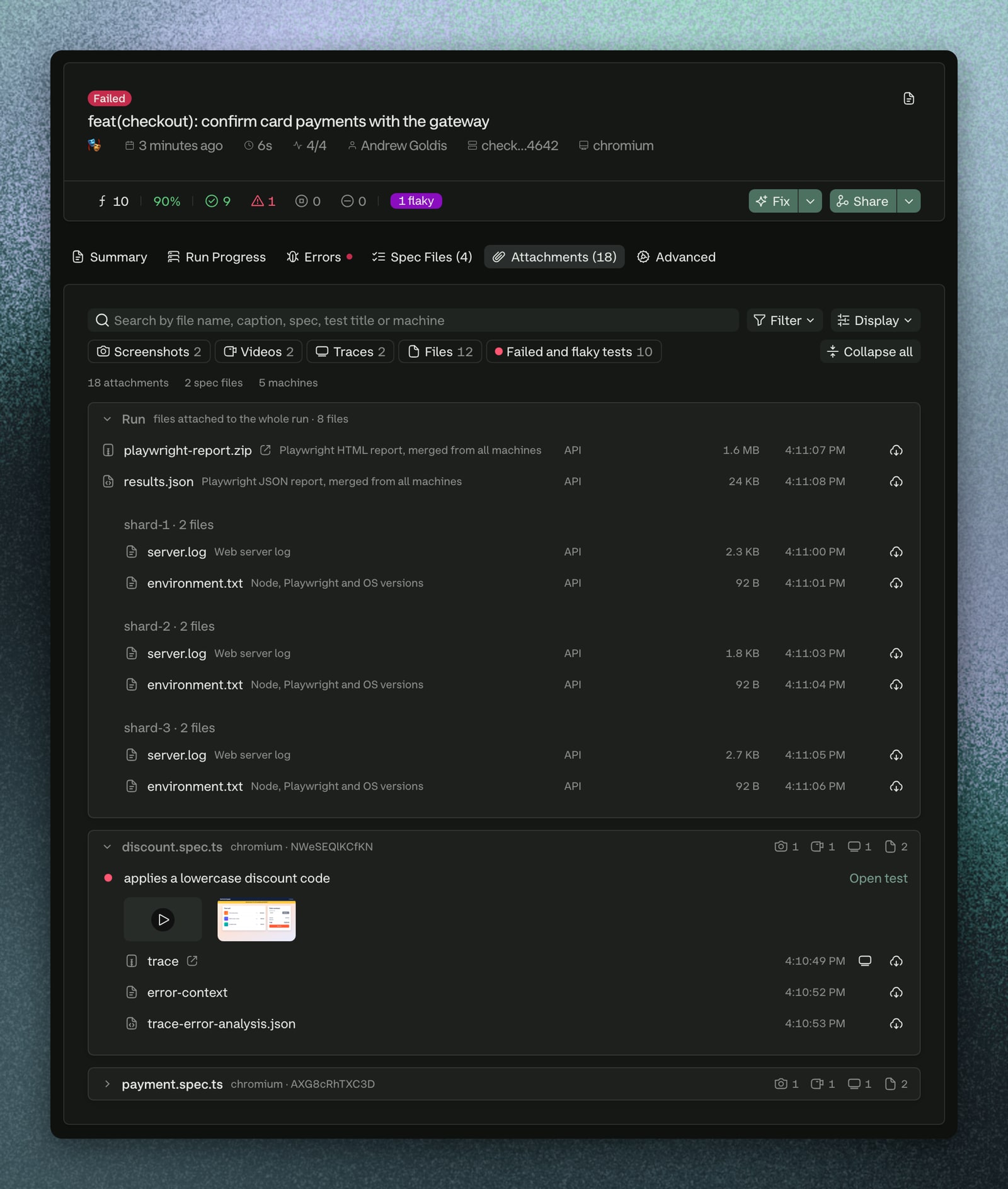 The Attachments tab of a run: the files attached to the whole run, grouped by CI machine, then the screenshots, videos and traces of each failed and flaky test