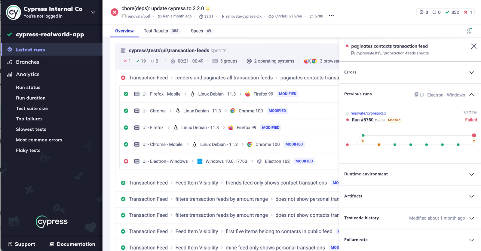 Cypress Dashboard - Test Runs History
