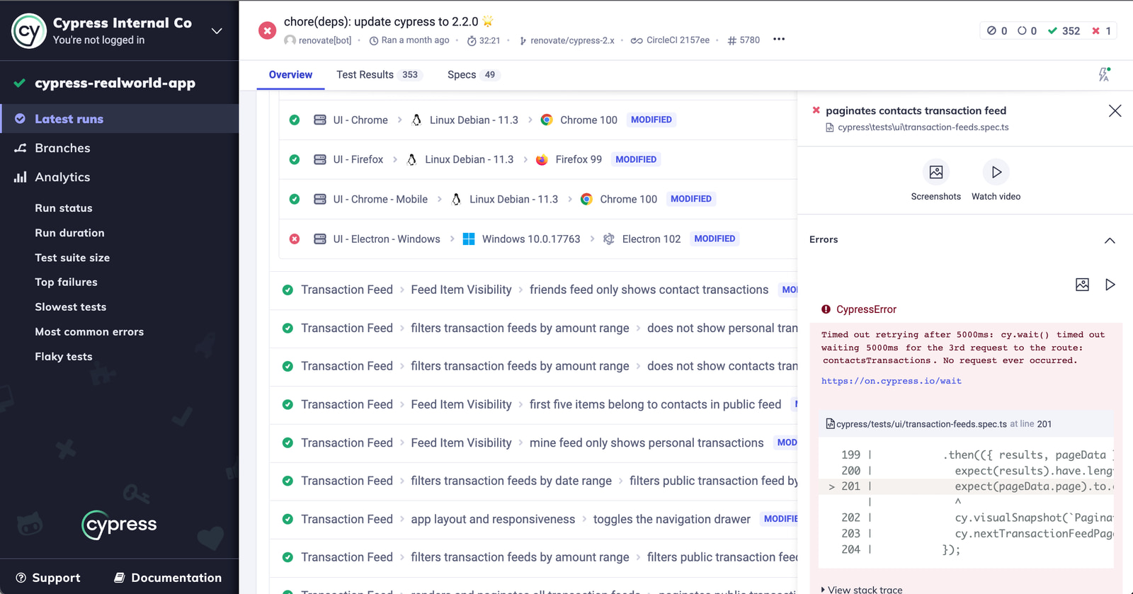 Cypress Dashboard Test Troubleshooting View