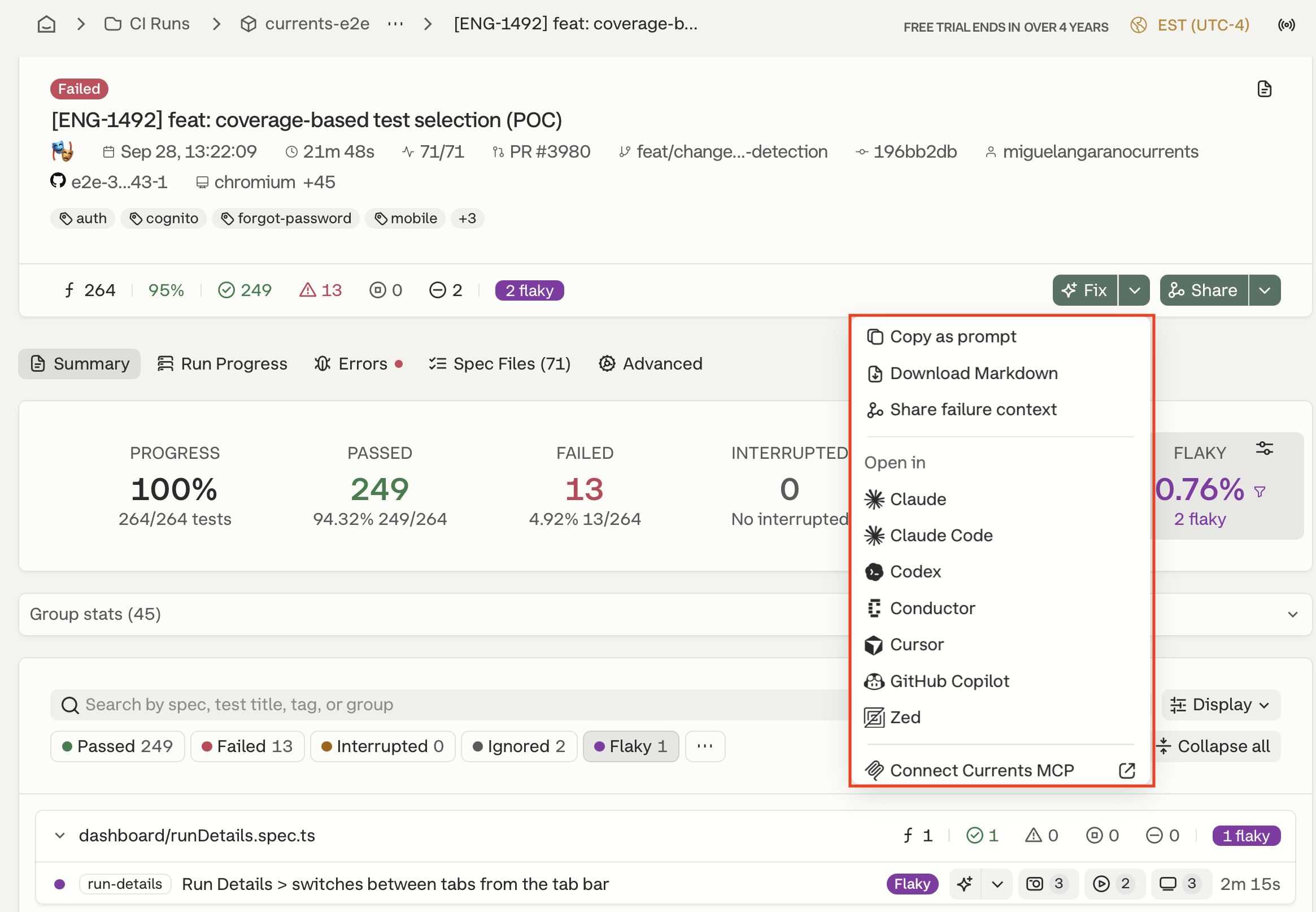The Fix menu in Currents: copy as a prompt, download Markdown, share the failure context via a link, or open it in Claude, Claude Code, Codex, Conductor, Cursor, GitHub Copilot or Zed